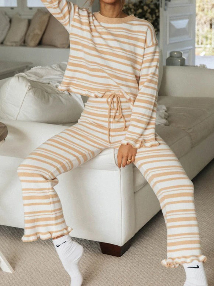 Simple Casual Loose Top Pants Striped Knitted Suit