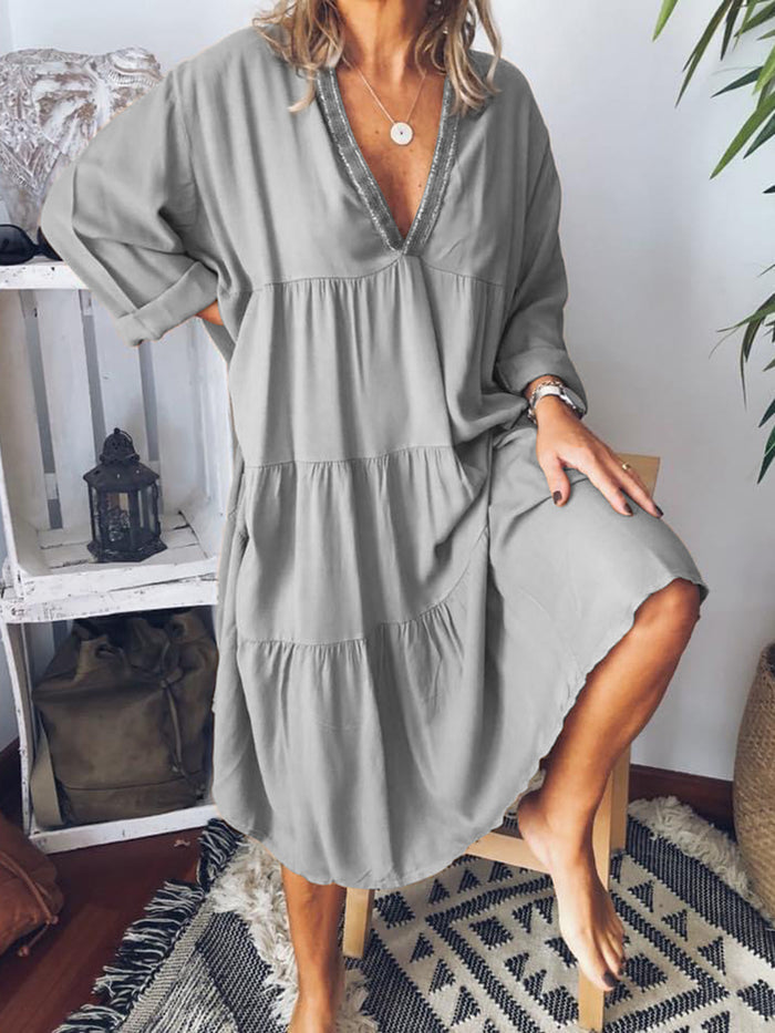 Simple Casual Loose V Neck Dress