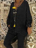 Simple Casual Loose V-Neck Long Sleeved Top Pants Suit