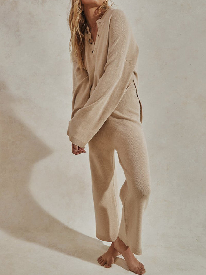 Simple Casual Loose V Neck Top Pants Knit Suit