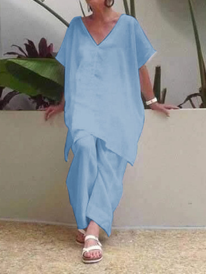 Simple Casual Loose V-Neck Top Suit Set