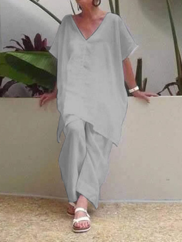 Simple Casual Loose V-Neck Top Suit Set
