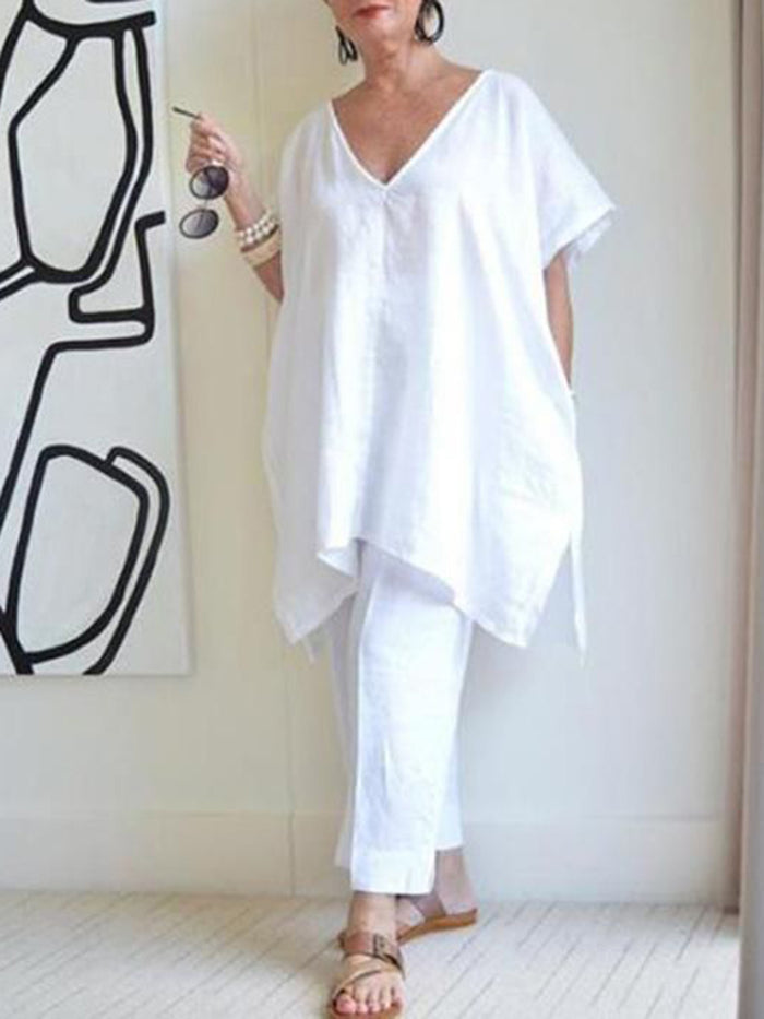 Simple Casual Loose V-Neck Top Suit Set