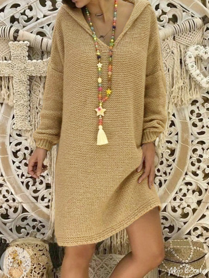 Simple Knitted Long Sleeve Casual Dress with Hood