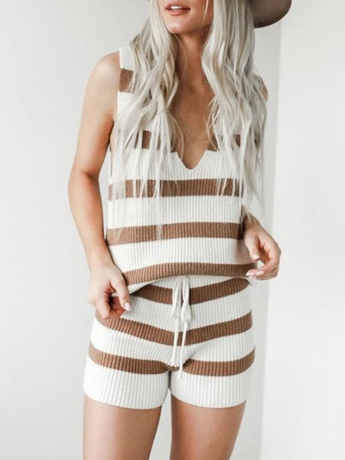 Simple V-Neck Sleeveless Striped Top and Drawstring Shorts Set