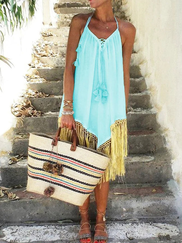 Sleeveless V Neck Beach Holiday Boho Tassel Hem Dresses