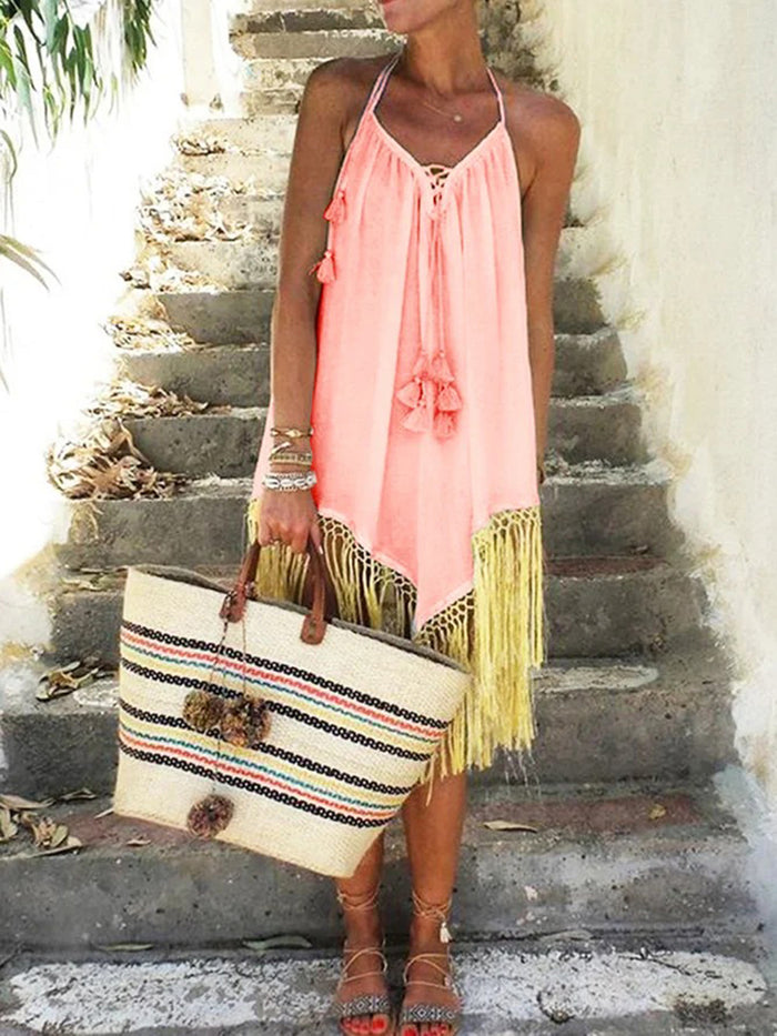 Sleeveless V Neck Beach Holiday Boho Tassel Hem Dresses