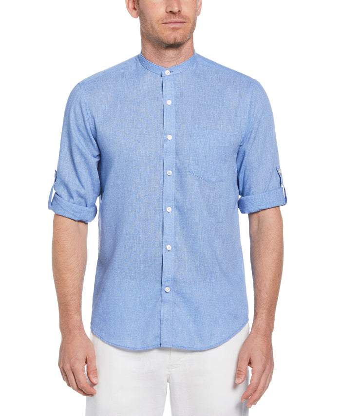 Linen-Look Band Collar Shirt (Lt. Blue)
