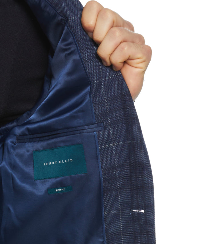 Slim Fit Plaid Tweed Sport Suit Jacket (Blue)