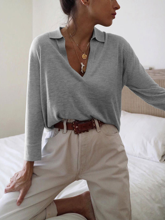 Slim Long Sleeve Solid Color V-neck Tops Blouses