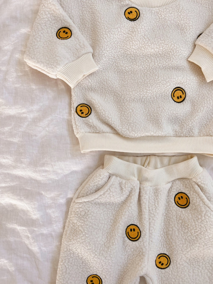 Smiley Sherpa Crewneck + Joggers - Sun Peony Coconut