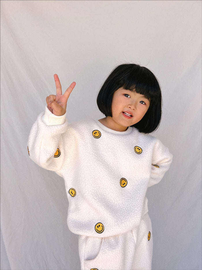 Smiley Sherpa Crewneck + Joggers - Sun Peony Coconut