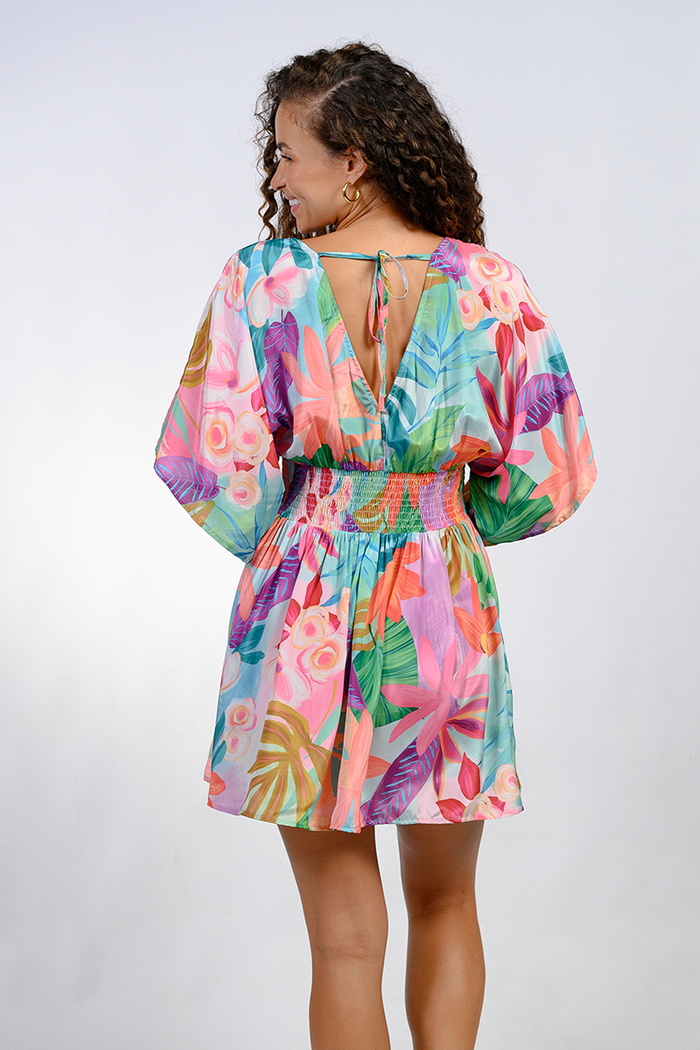 Smocked waist print dress cover