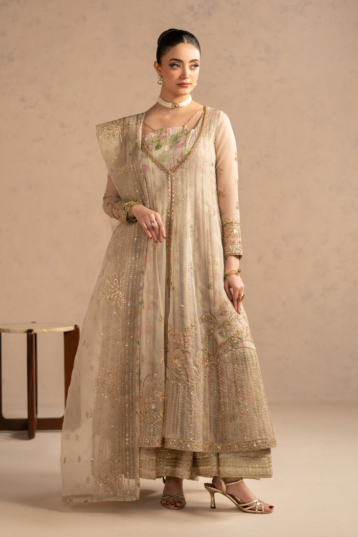 Sohan light skin 3 piece semi formal outfit with long organza panel frock, PK raw silk trousers and embroidered organza dupatta, ready to wear occasion dress.