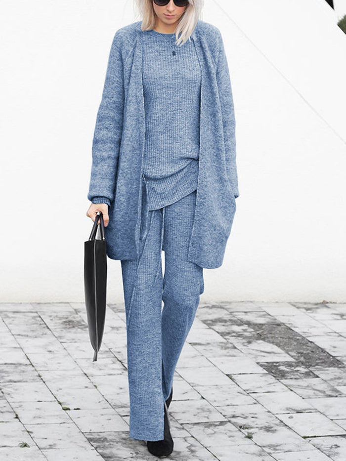 Solid Color Knitted Long-sleeved Outwear and Trousers Three-piece Set