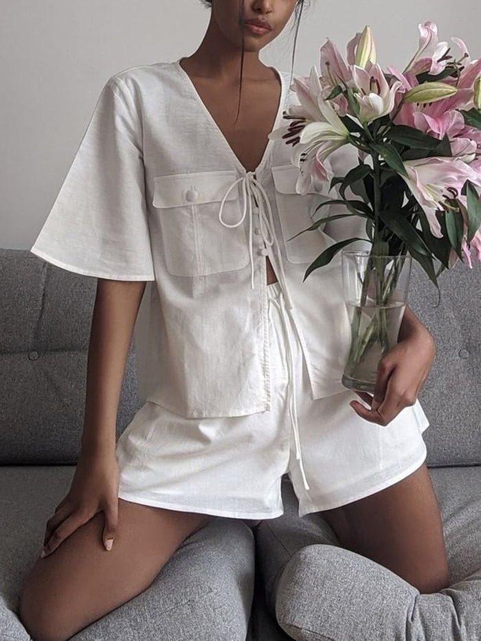 Solid Color Lace Pocket V-Neck Suit