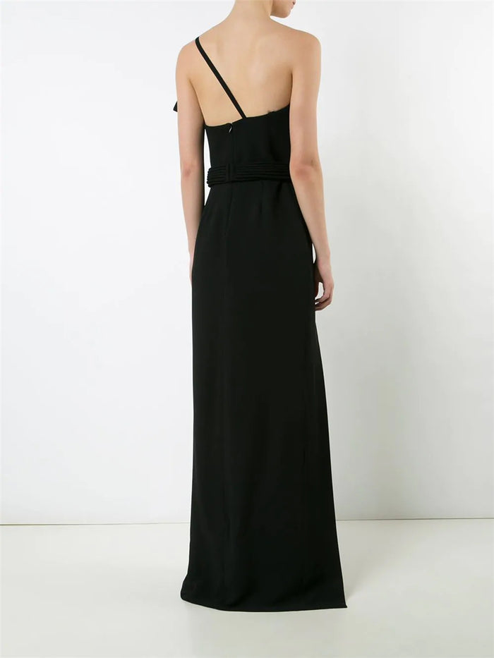 Solid Color One-Shoulder Slit Ladies Dress