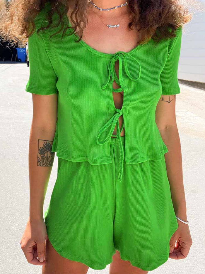 Solid Color Round Neck Lace Casual Two-piece Suit