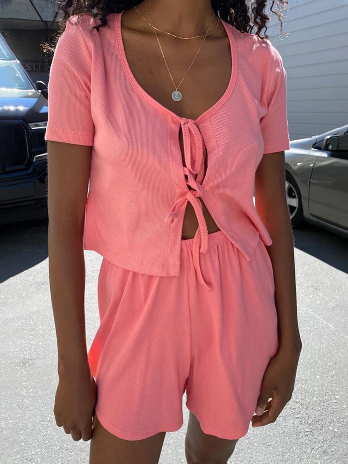 Solid Color Round Neck Lace Casual Two-piece Suit