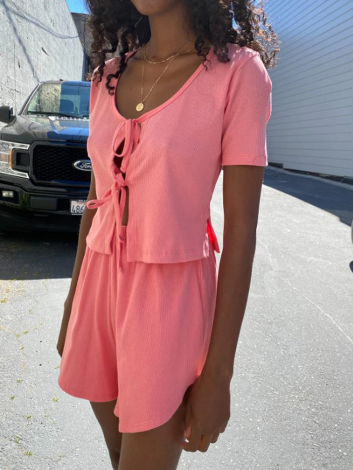 Solid Color Round Neck Lace Casual Two-piece Suit