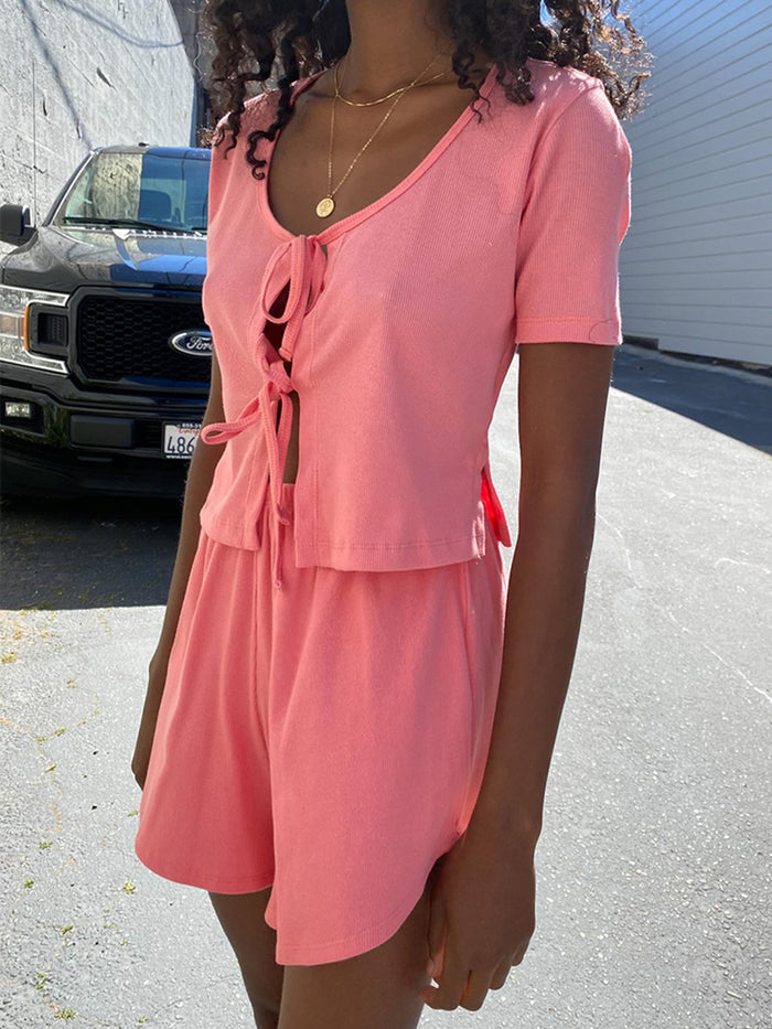 Solid Color Round Neck Lace Casual Two-piece Suit