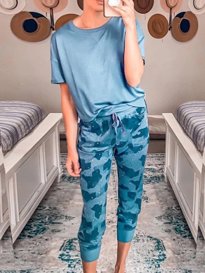 Solid Color Round Neck T-Shirt and Drawstring Camouflage Lounge Pants Set