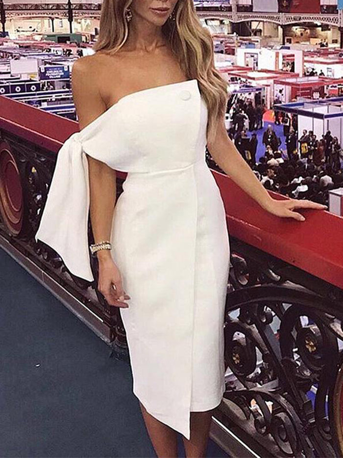 Solid Color Slash Neck Off Shoulder Midi Dress