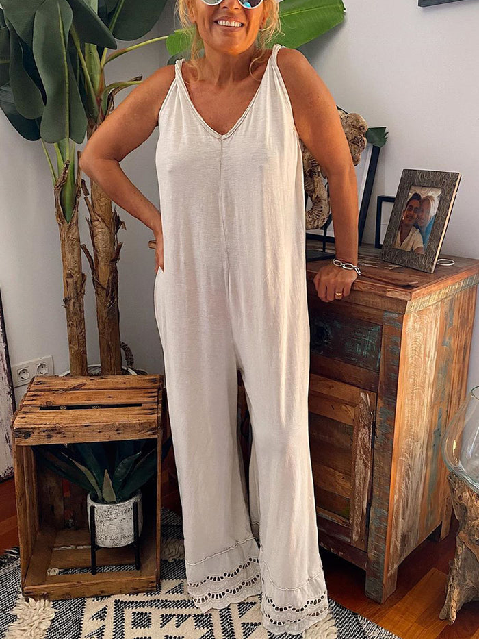 Solid Color Sling Hollow Lace Jumpsuit