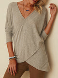Solid Color V-neck Irregular Hem Long Sleeve Blouse