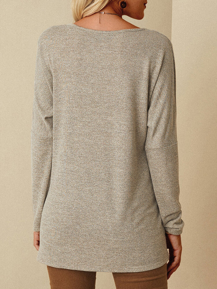 Solid Color V-neck Irregular Hem Long Sleeve Blouse