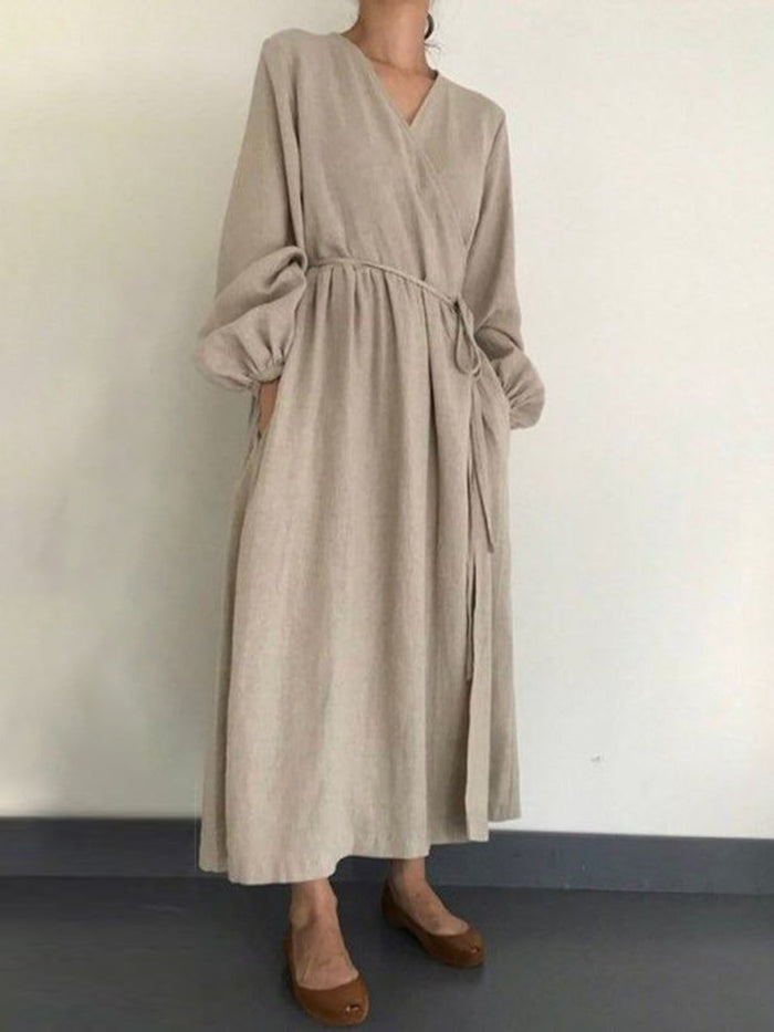 Solid Color Wild Fashion V-neck Long Sleeve Dress