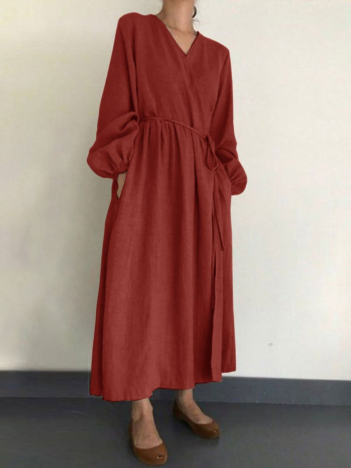 Solid Color Wild Fashion V-neck Long Sleeve Dress