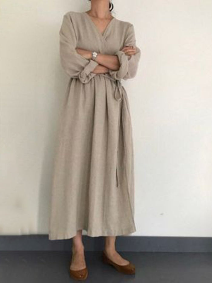Solid Color Wild Fashion V-neck Long Sleeve Dress