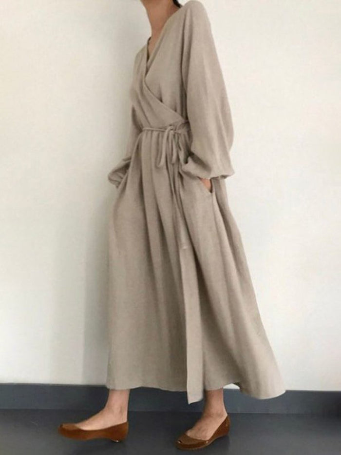 Solid Color Wild Fashion V-neck Long Sleeve Dress