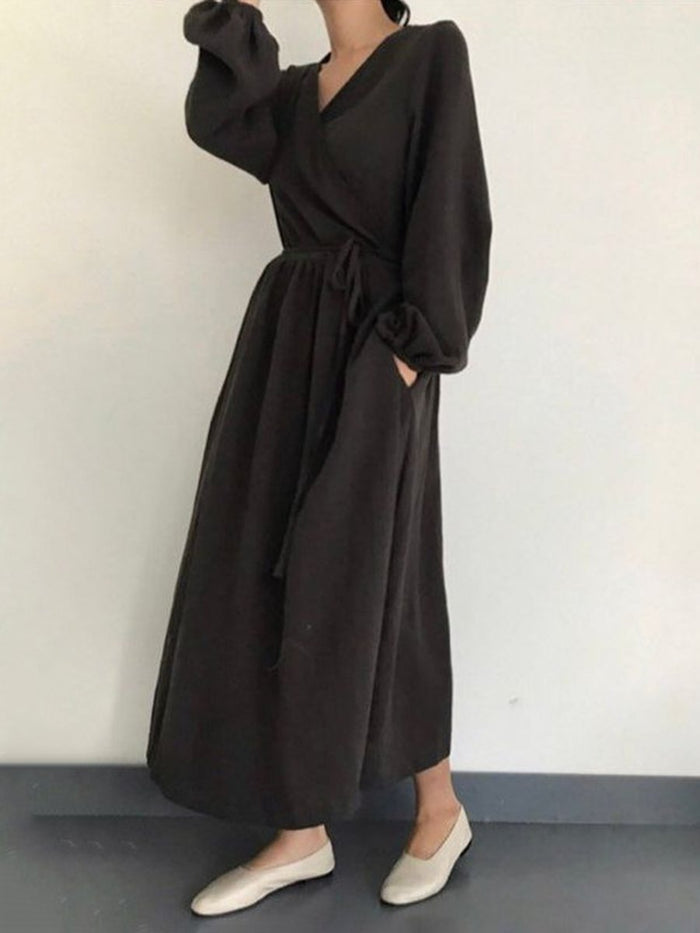 Solid Color Wild Fashion V-neck Long Sleeve Dress