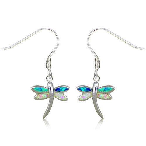 Sterling Silver Rainbow Opal Dragonfly Dangle Earrings