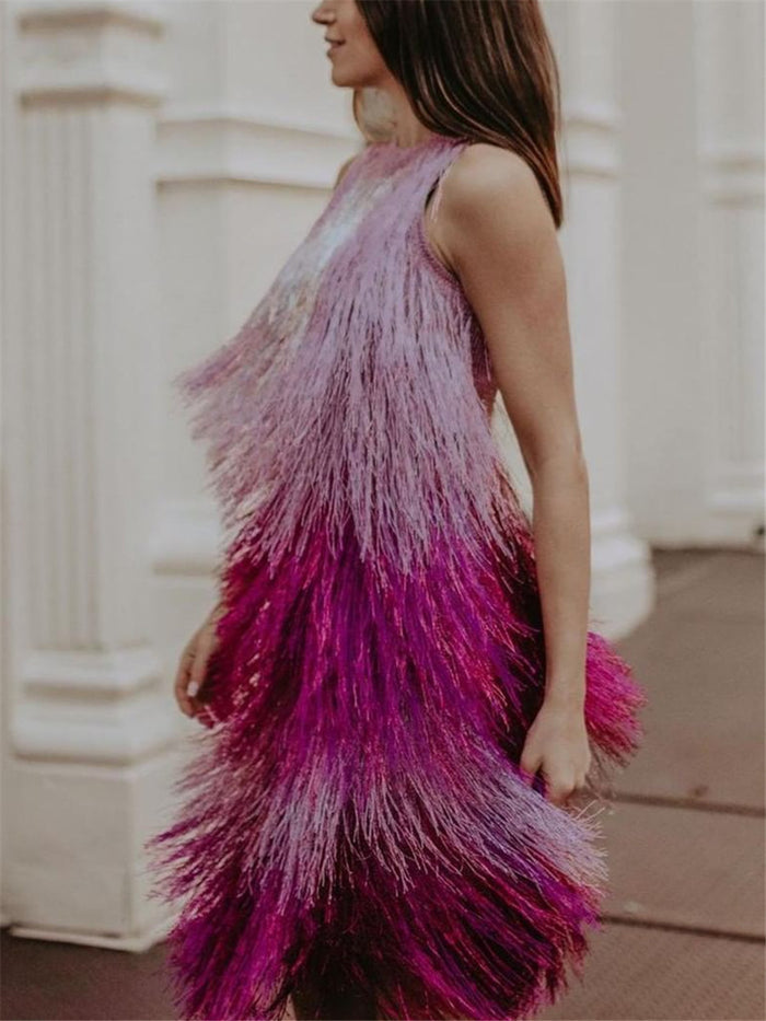 Stitching Fringed Slim Evening Mini Dress