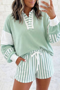 Striped Colorblock Patchwork Collar Sweatshirt & Shorts Set
