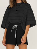 Striped Loose Casual Top High Waist Shorts Two Piece Set