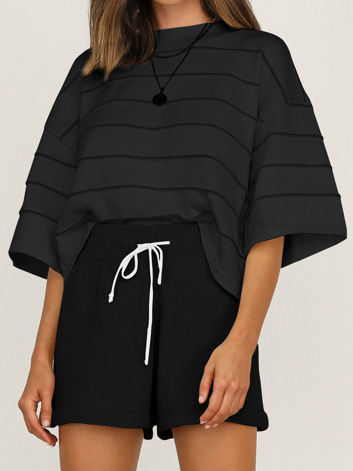 Striped Loose Casual Top High Waist Shorts Two Piece Set