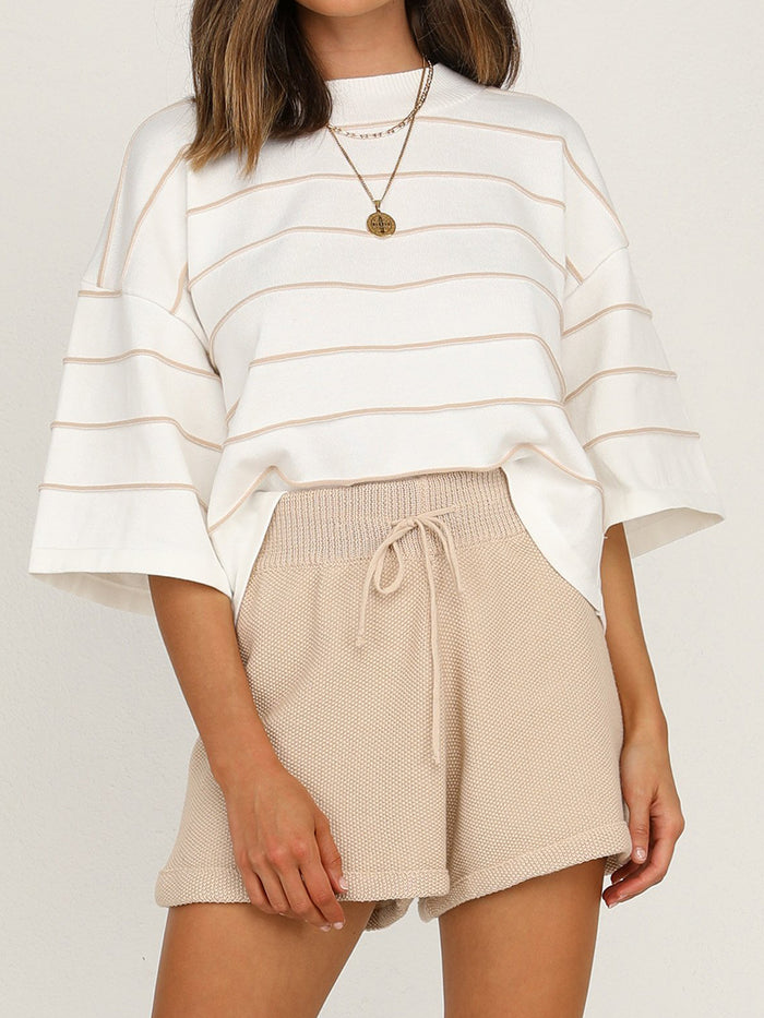 Striped Loose Casual Top High Waist Shorts Two Piece Set