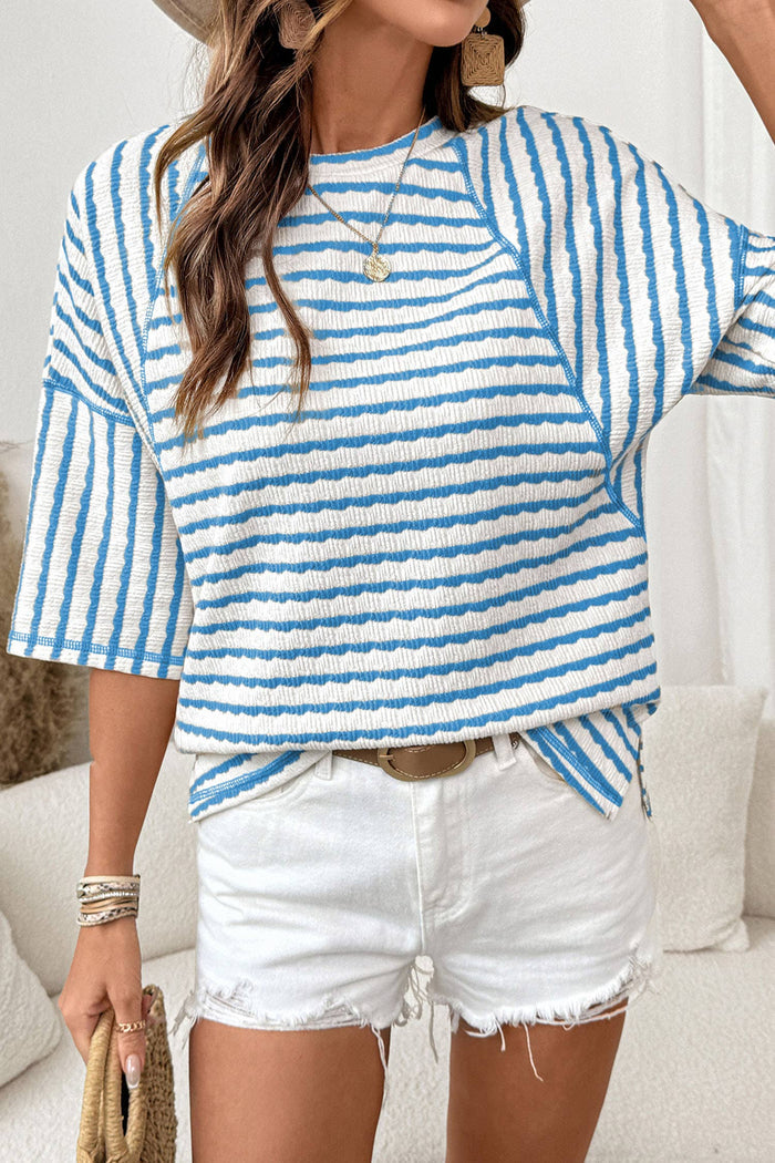 Striped Textured Knit Split Hem Half Sleeve Loose Top