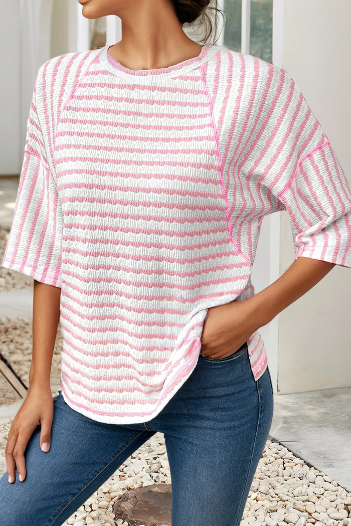 Striped Textured Knit Split Hem Half Sleeve Loose Top
