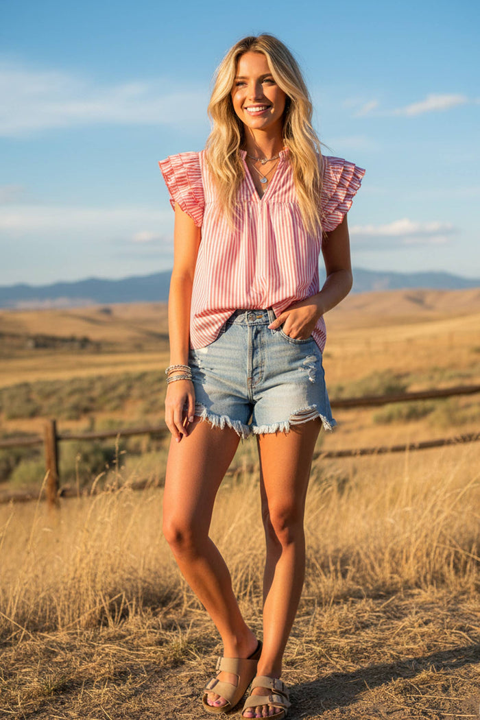 Striped Woven Ruffle Sleeve Babydoll Top