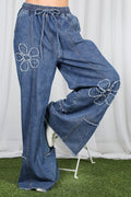 Stunning 3D Floral Accent Wide-Leg Denim Jeans