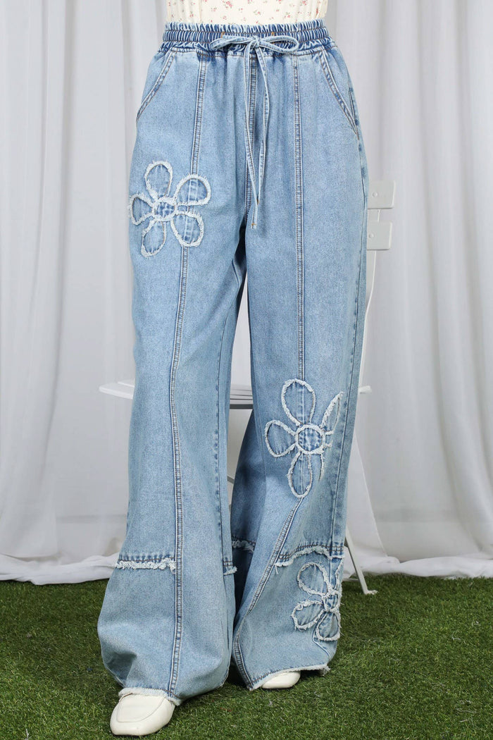 Stunning 3D Floral Accent Wide-Leg Denim Jeans