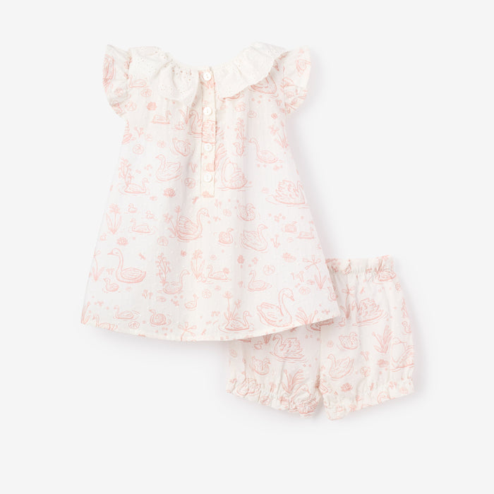 Swan Toile Swiss Dot Dress + Bloomer