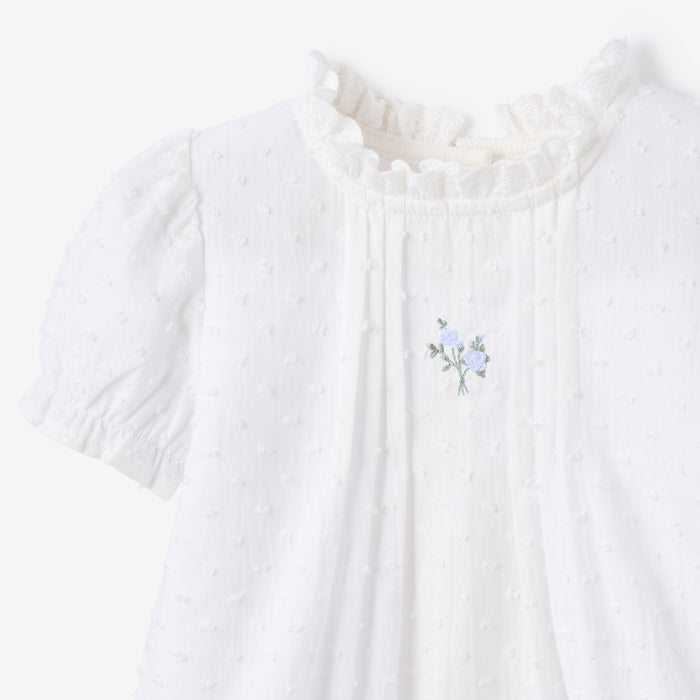 Swiss Dot Pintucked Bubble w/ Rose Embroidery