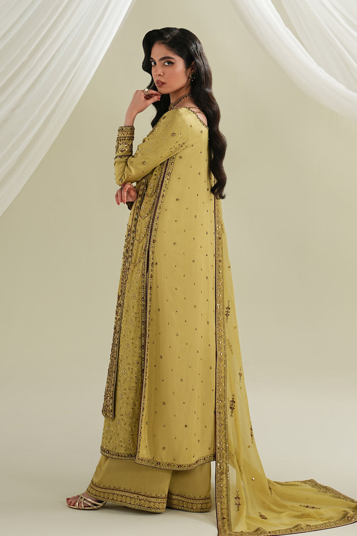 Golden long straight shirt side view with culotte and crinkle dupatta, soft flowy formal outfit for evening and special occasions