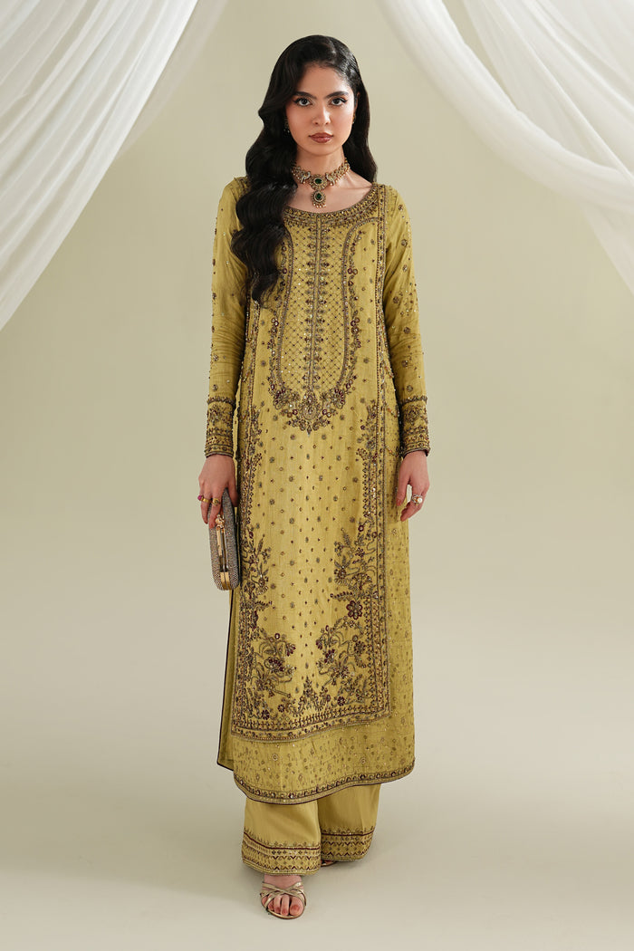Golden formal 3 piece outfit with embroidered long shirt, PK raw silk culotte, and bordered dupatta, complete event wear look